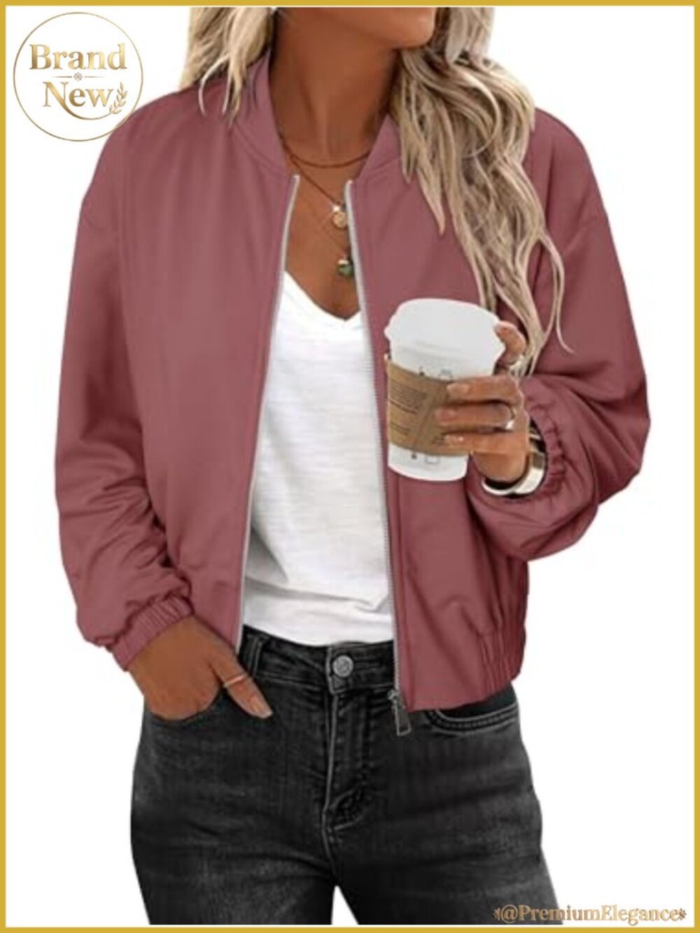 Women's Zip Up Bomber Jacket Lightweight Casual Coat with Pockets